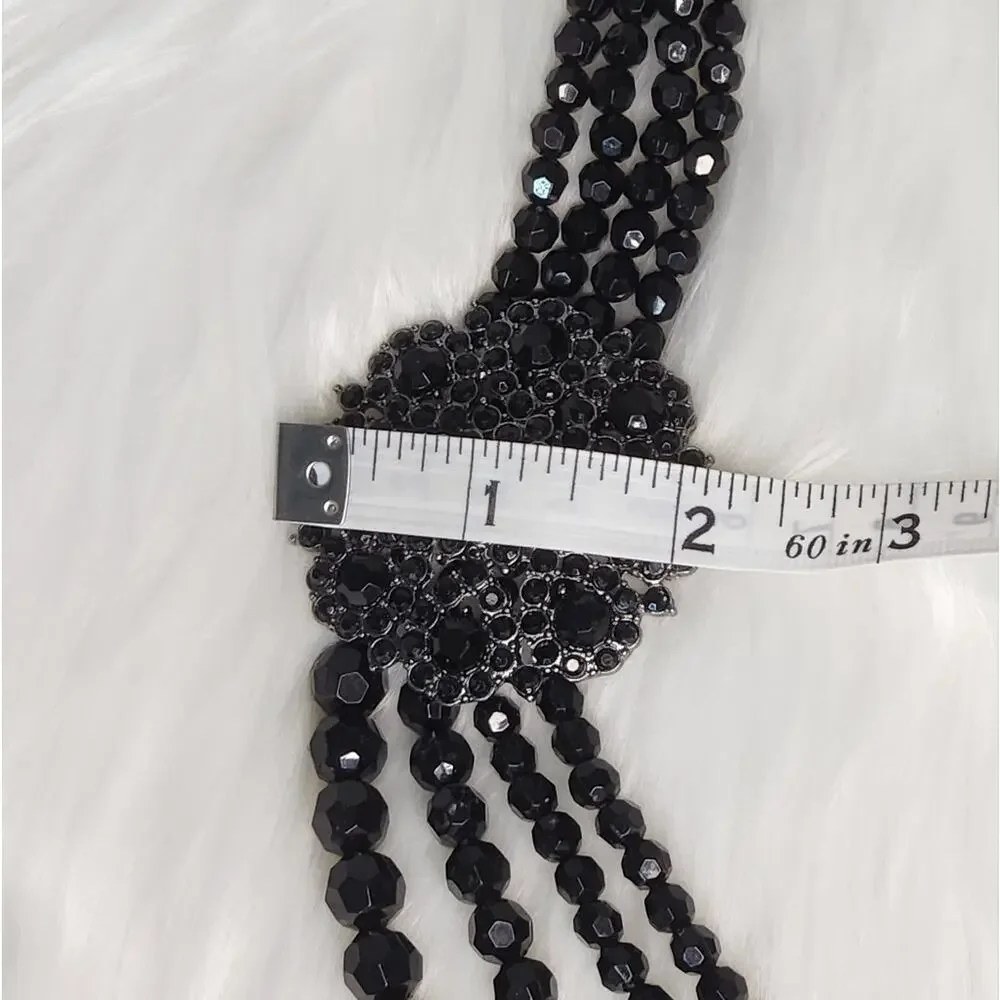 Vintage 4 Strand Black Faceted Bead Necklace Large Flower Pendant Coquette Noir - Picture 4 of 6